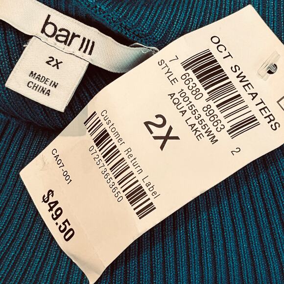 Bar III Sweater Aqua Lake Blue Cutout Ribbed
Mockneck Long Sleeve Plus 2X NWT - Picture 5 of 6